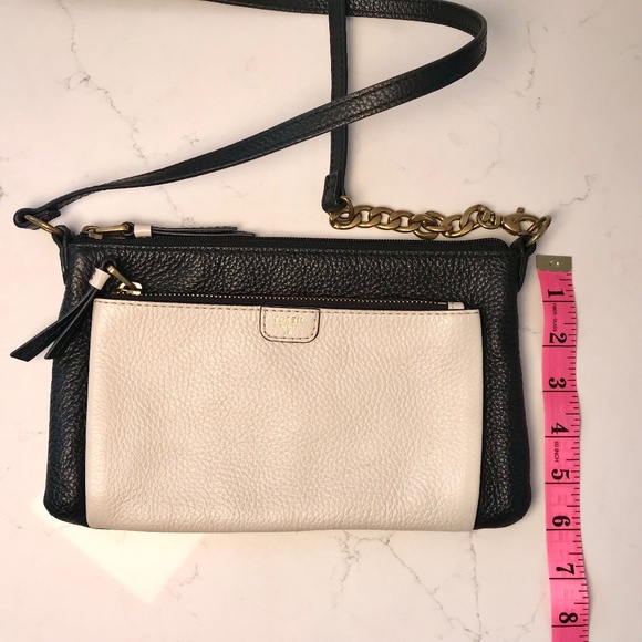 FOSSIL PEBBLED LEATHER CROSSBODY/SHOULDER BAG BLACK & OFF WHITE WITH GOLD TRIM - Picture 7 of 8